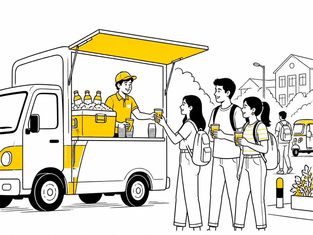 Illustration of a chilled beverage sampling truck serving cold drinks to students for a beverage led van campaign