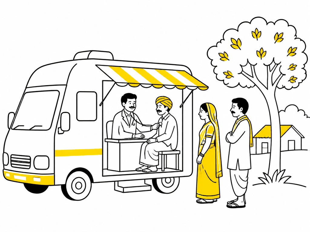 Illustration of a mobile health check-up van with a doctor and villagers waiting for a healthcare / pharma product sampling van campaign