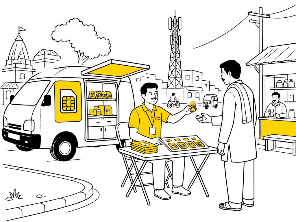 Illustration of a telecom SIM and recharge van at a small-town street corner for a telecom led van campaign