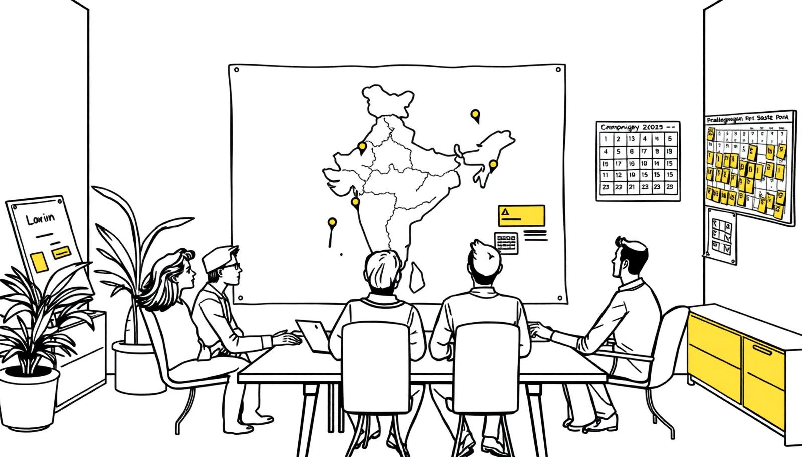 Illustration of a activation agency team planning routes on a pinned India map - Brand Activation Agency in Delhi, India