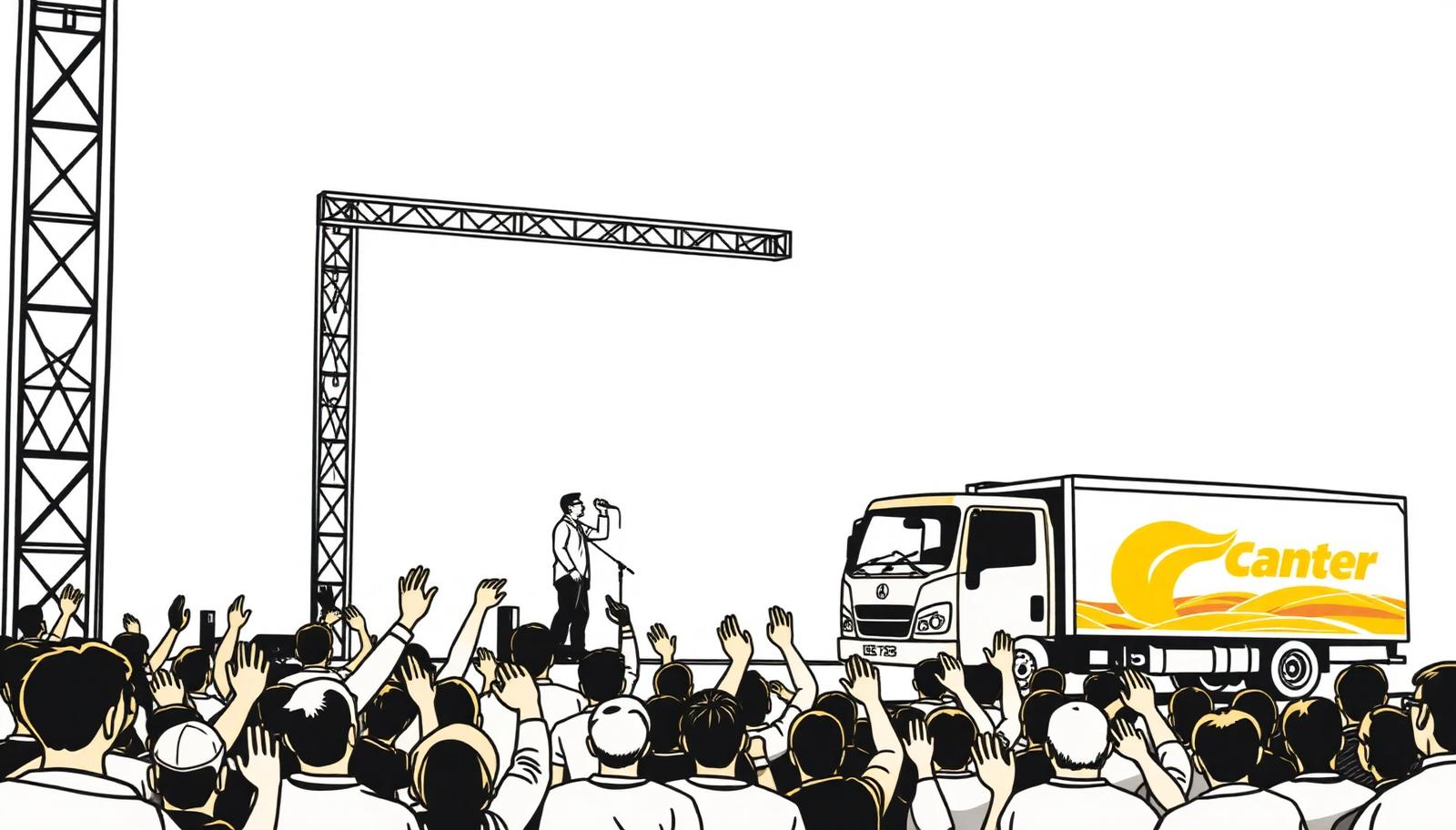 Illustration of a outdoor brand event with a truss stage, crowd and branded canter - Brand Activation Events in Delhi, India