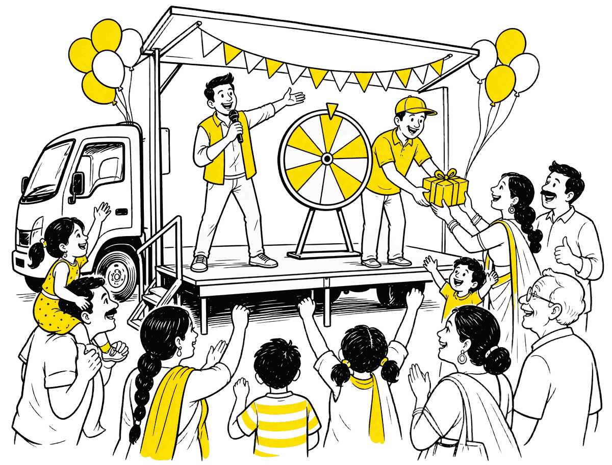 Illustration of a canter opened into an activation stage with a crowd - Canter Activation in Delhi, India