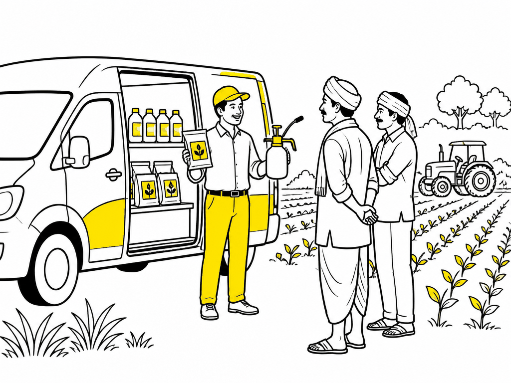 Illustration of a agri demo van showing seed packets and a sprayer to farmers in a field