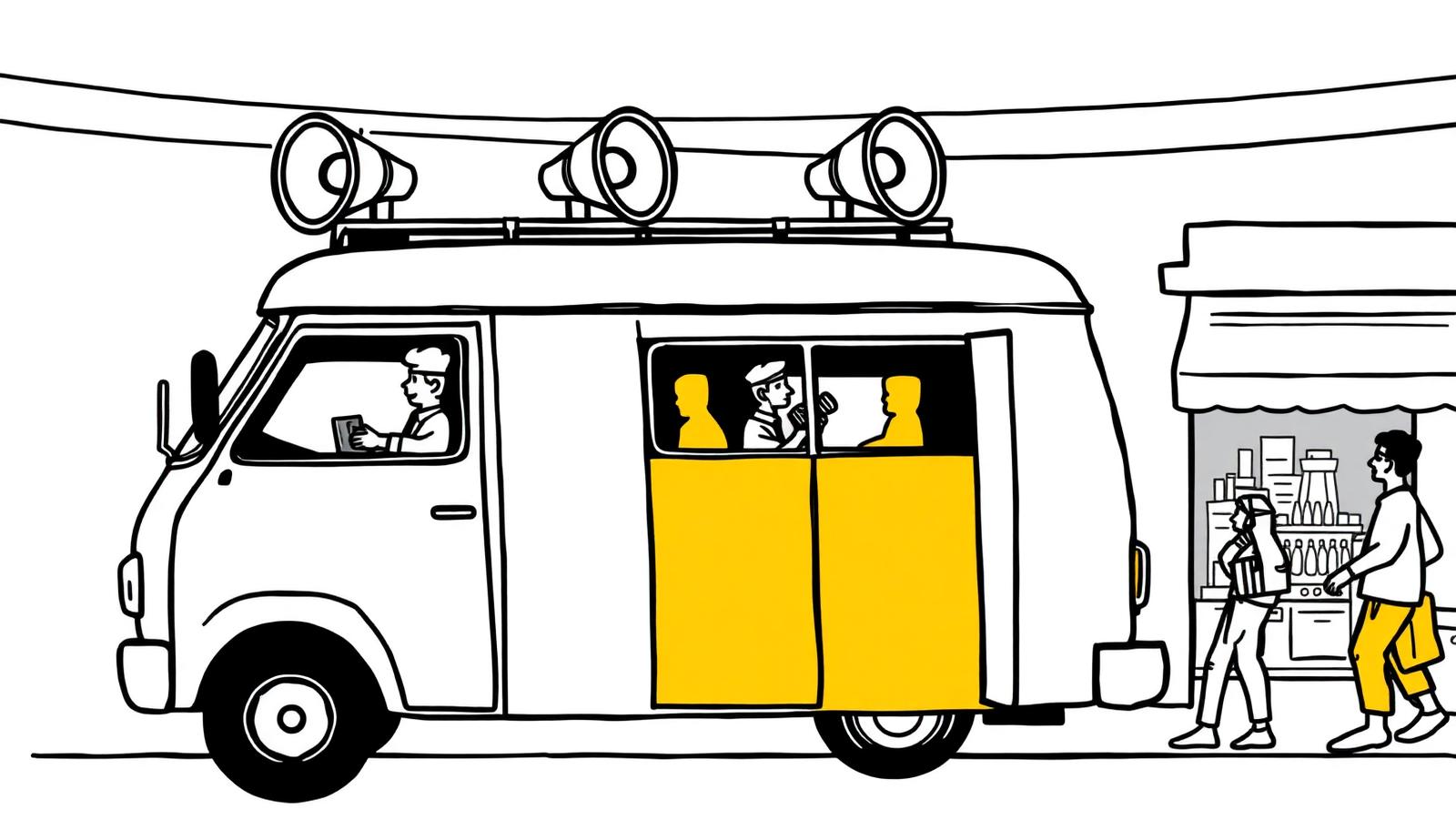 Illustration of a audio announcement van with horn speakers and an announcer on the mic - Audio Van Advertising in Delhi, India