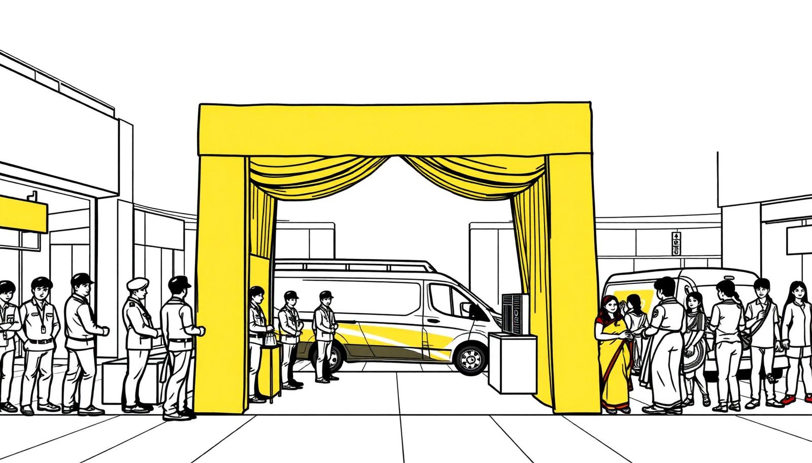 Illustration of a mall plaza brand activation with an entry arch, promoters and a queue