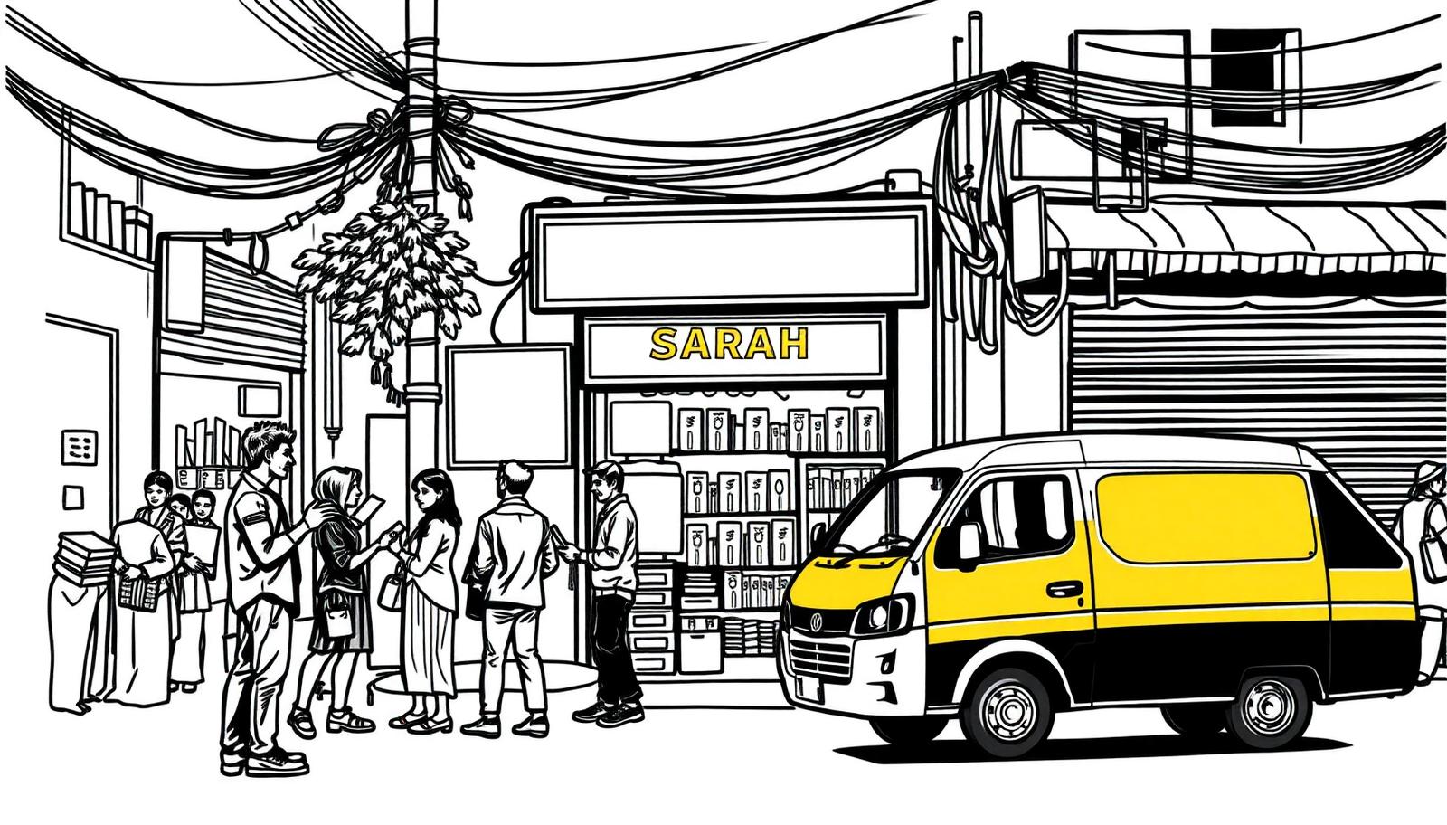 Illustration of a BTL promoters handing leaflets outside a branded kirana store - BTL Activation in Delhi, India
