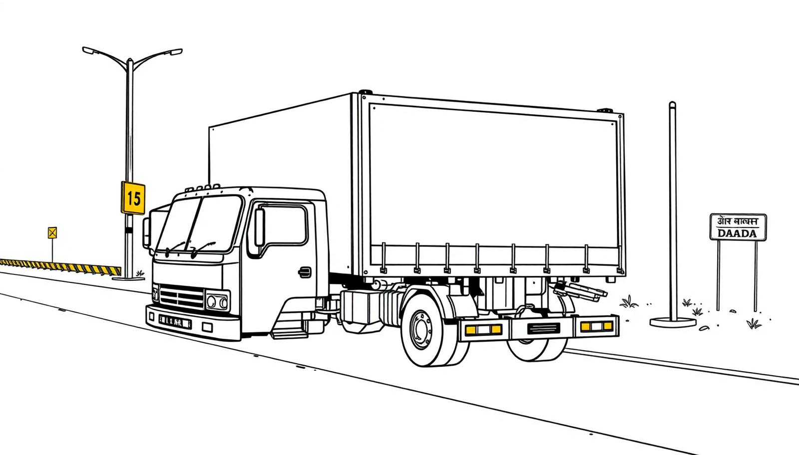 Illustration of a 14ft canter truck with side billboard panels on an Indian highway - Canter Advertising in Delhi, India