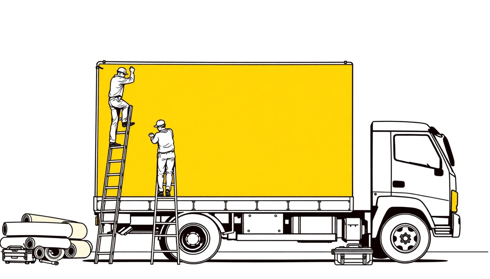 Illustration of a crew fixing a printed flex panel onto a canter body in a fabrication yard