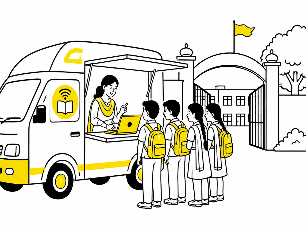 Illustration of a mobile learning van demonstrating a laptop to students at a school gate for a edtech mobile van advertising campaign