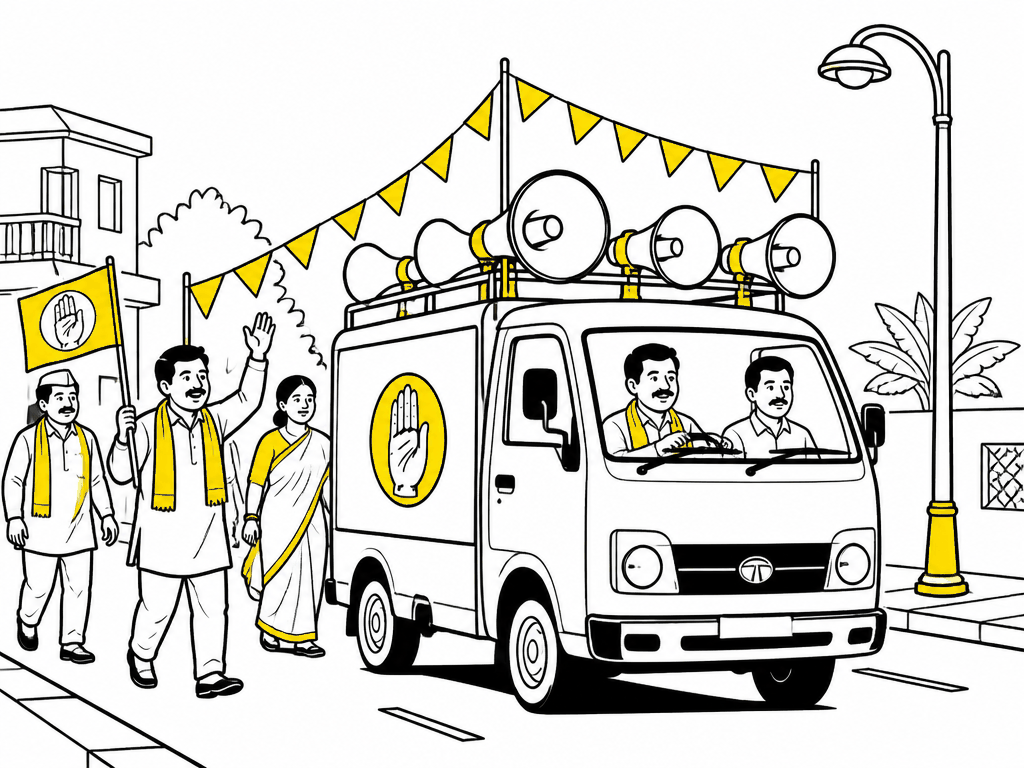 Illustration of a election campaign van with loudspeakers and flags on an Indian street - Election Campaign Van in Delhi, India