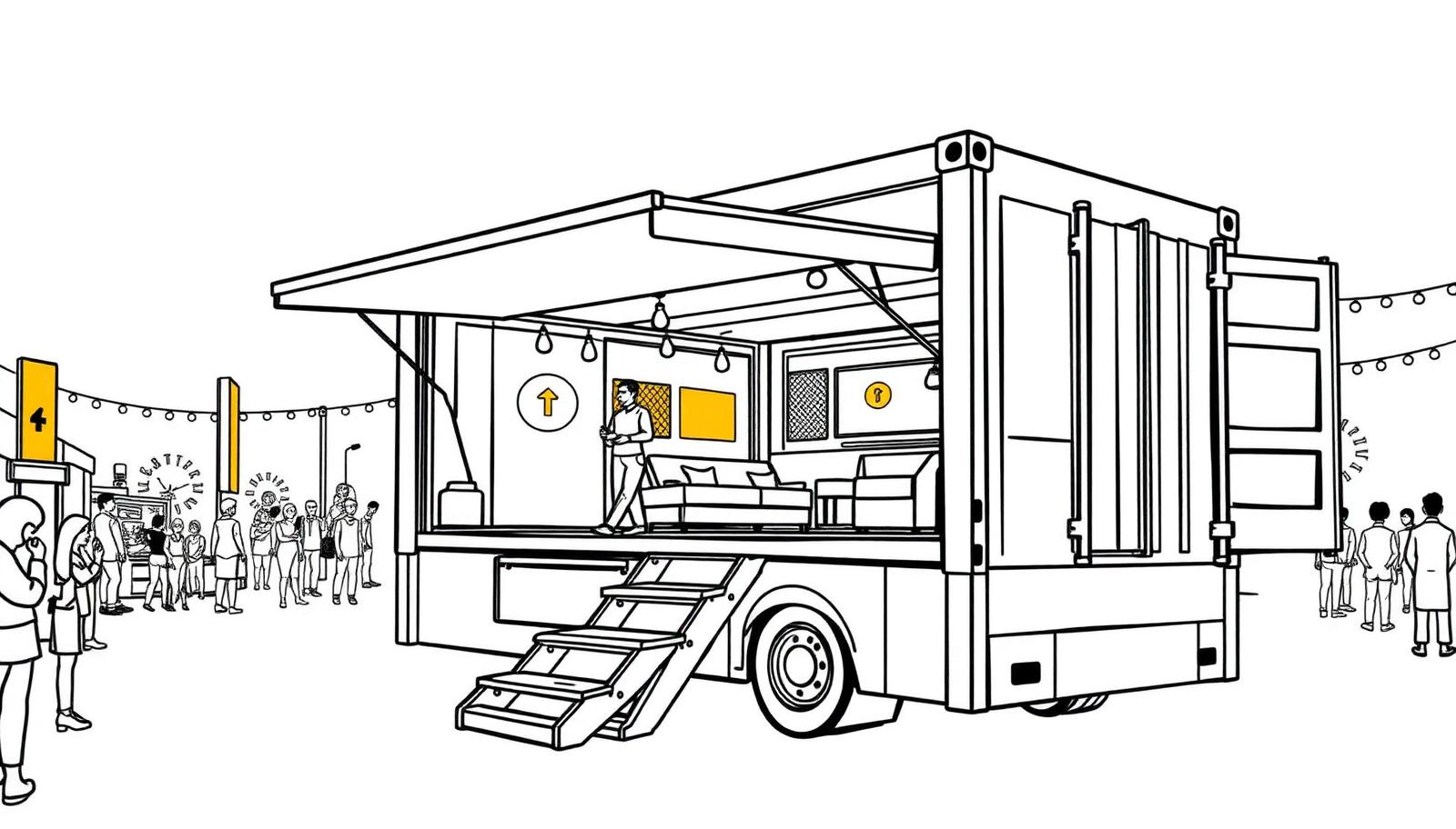 Illustration of a immersive brand container truck with a fold-out lounge at a festival - Experiential Marketing Agency in Delhi, India