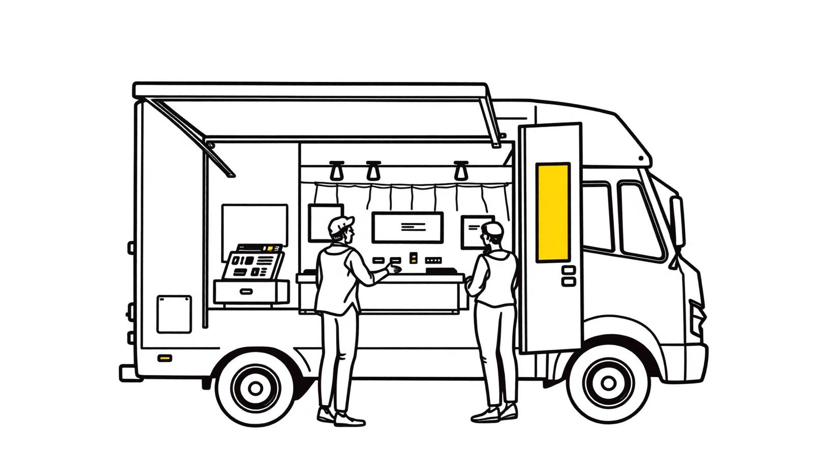 Illustration of a experiential truck with fold-out walls and an interactive demo counter - Experiential Marketing in Delhi, India