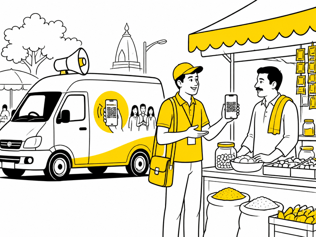 Illustration of a digital payments van demonstrating a QR code to a market shopkeeper for a fintech led van campaign