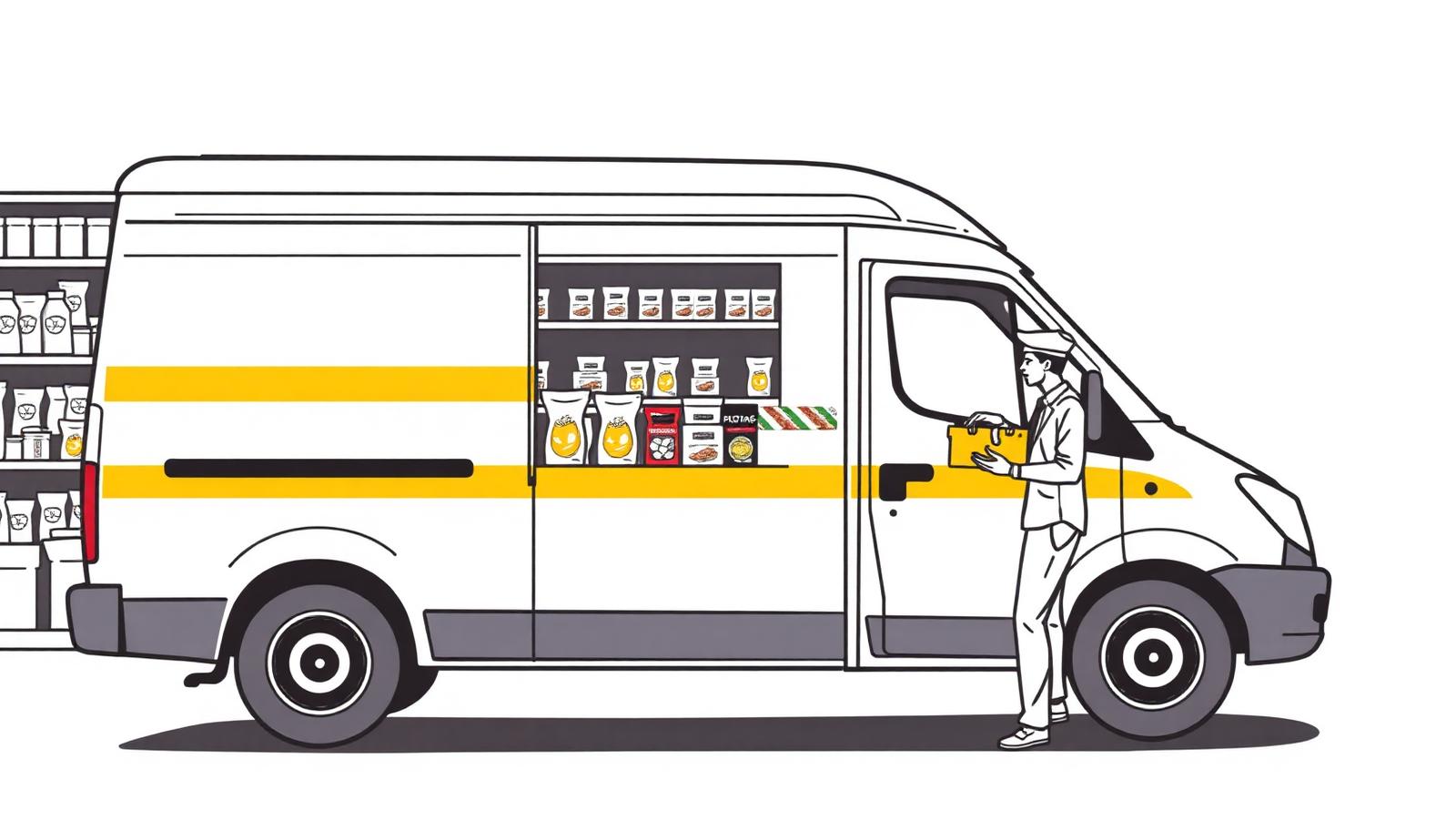 Illustration of a FMCG distribution van handing sachet cartons to a kirana shopkeeper for a FMCG product sampling van campaign