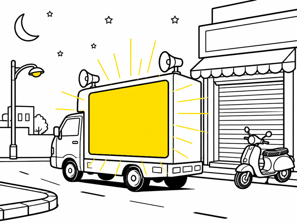 Illustration of a backlit glow-sign van lighting up a street at night - Glow Sign Van in Delhi, India