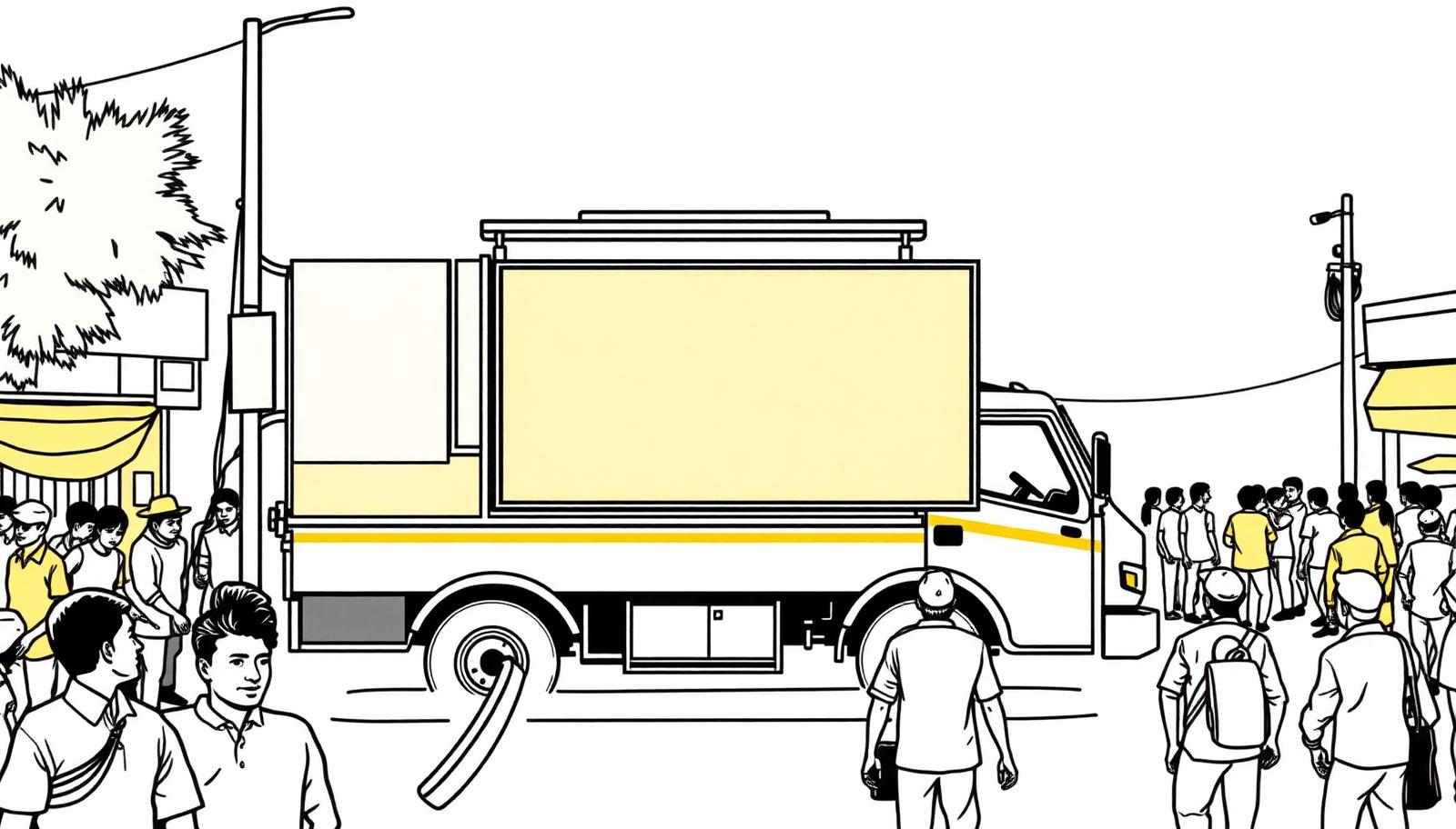 hydraulic LED screen truck raised and playing an ad to a market crowd