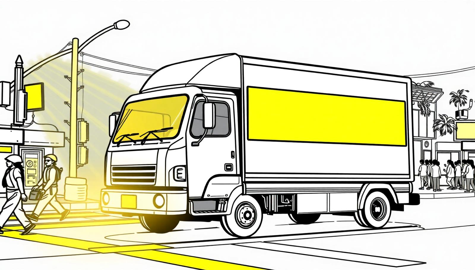 Illustration of a LED mobile van lighting up a night crossing with its glowing screen - LED Mobile Van in Delhi, India