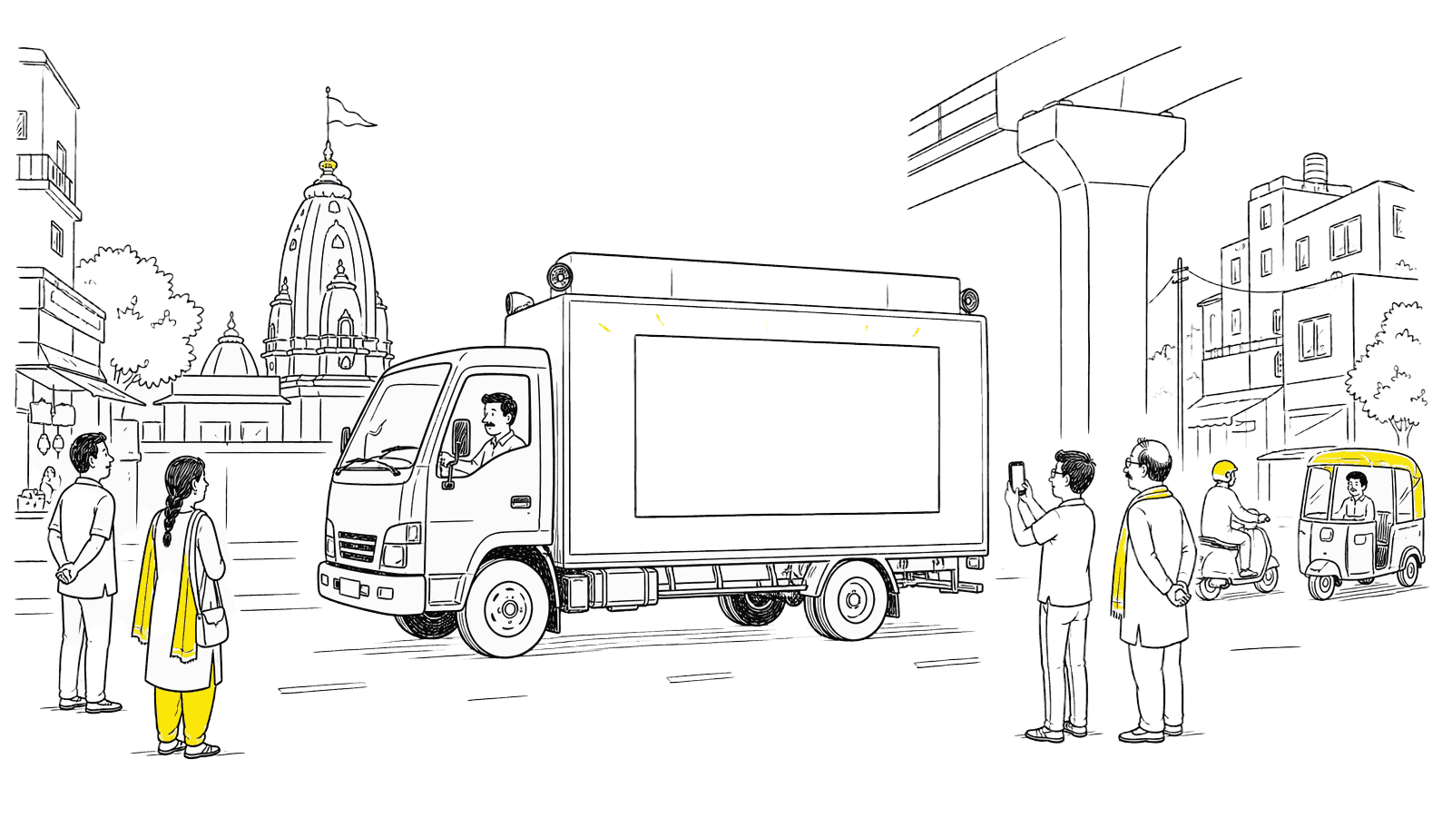 Illustration of a LED advertising truck playing a video loop on an Indian city road - LED Van in Delhi, India