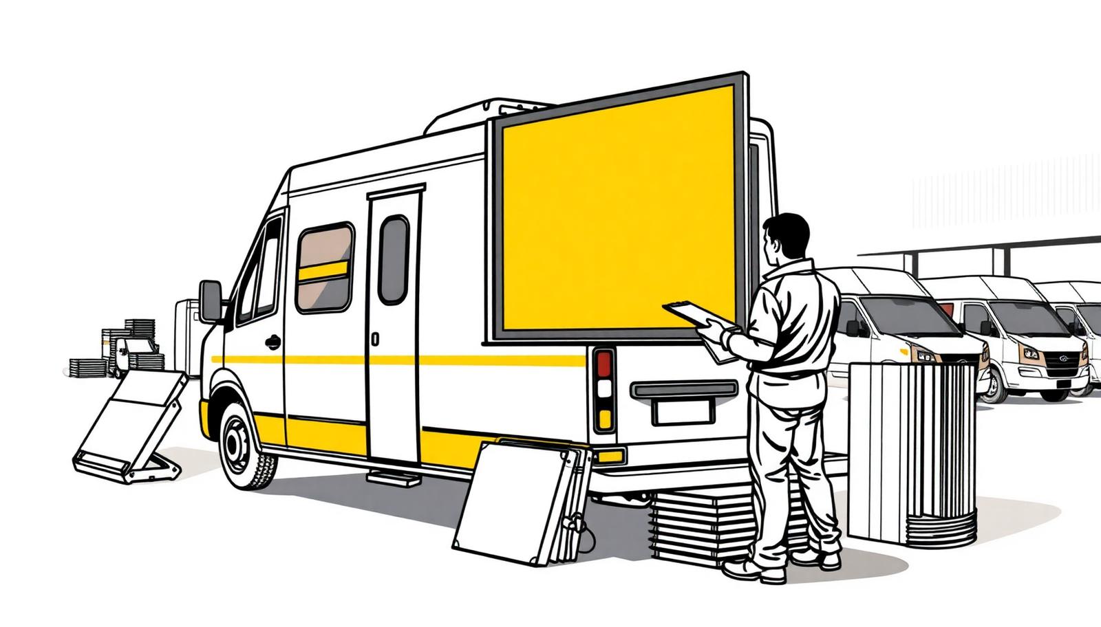 Illustration of a LED video van in a rental depot being checked by a technician - LED Van on Rent in Delhi, India
