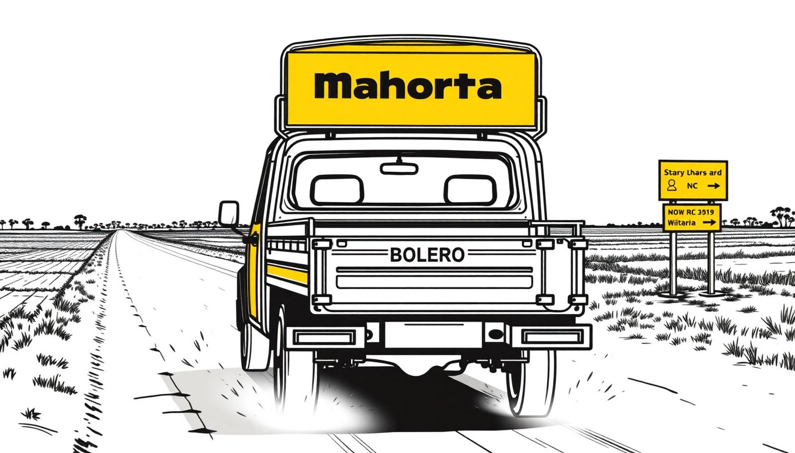 Illustration of a Mahindra pickup with branded boards driving a rural Indian road - Mahindra Pickup Advertising in Delhi, India