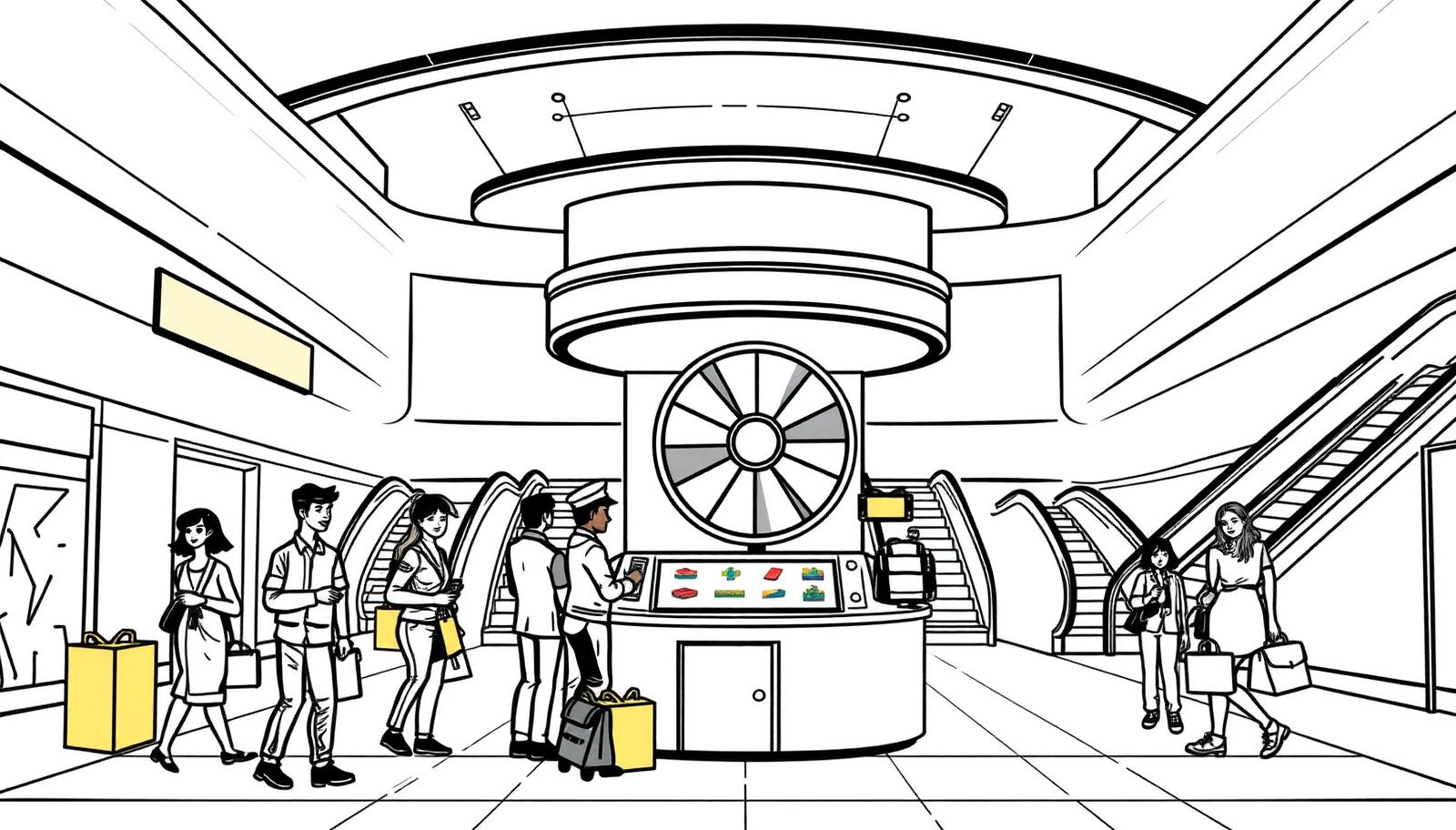 Illustration of a mall atrium promotion kiosk with a spin-the-wheel game and shoppers - Promotional Activity in Delhi, India