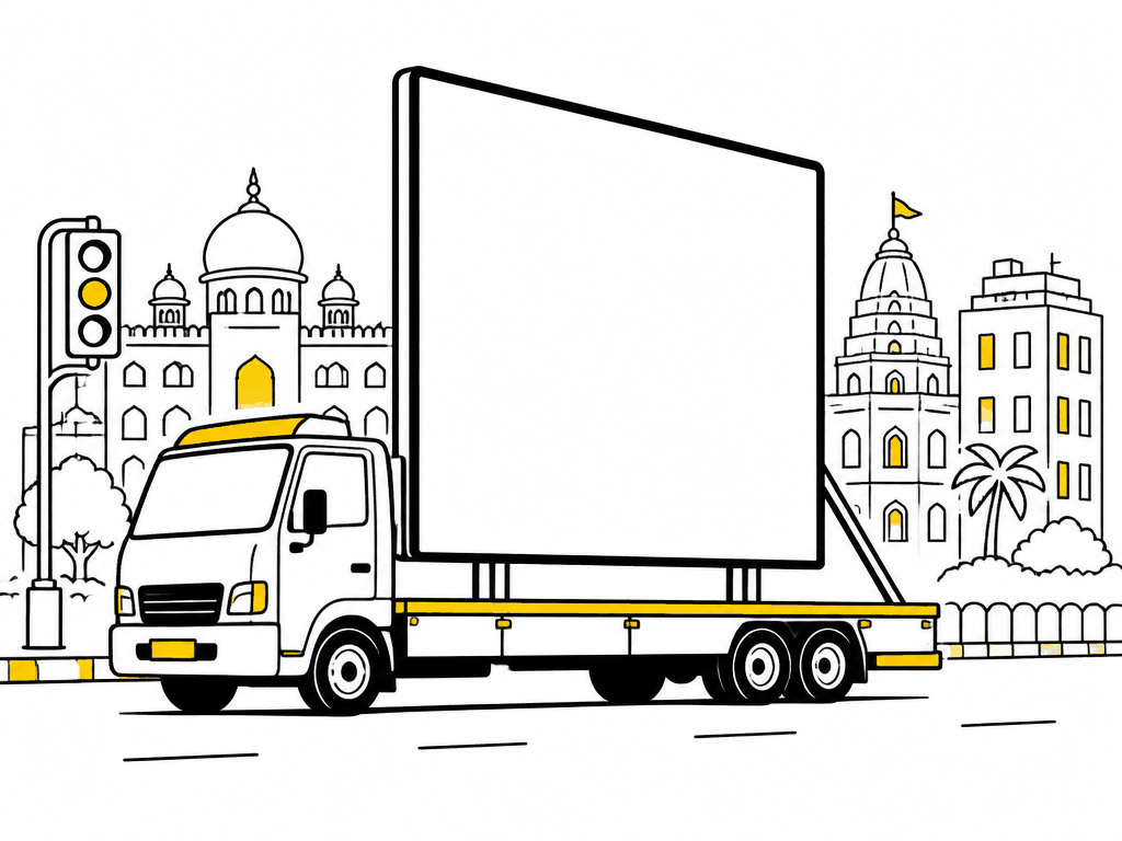 Illustration of a mobile hoarding trailer carrying a billboard panel through the city - Mobile Billboard in Delhi, India