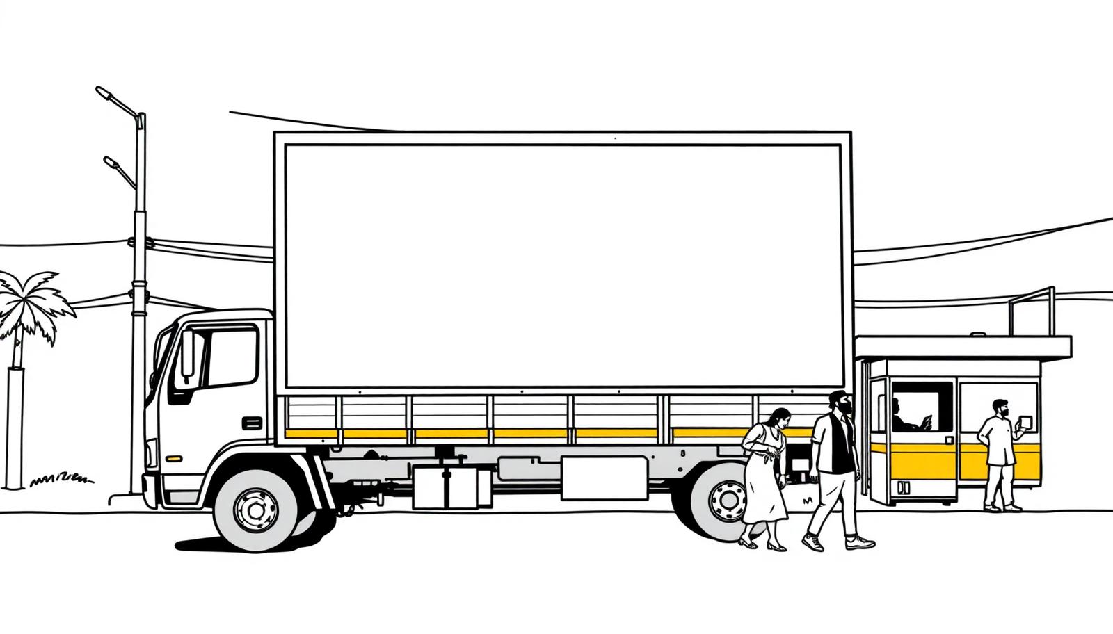 Illustration of a double-sided hoarding panel mounted on a flatbed truck at a junction - Mobile Hoarding in Delhi, India