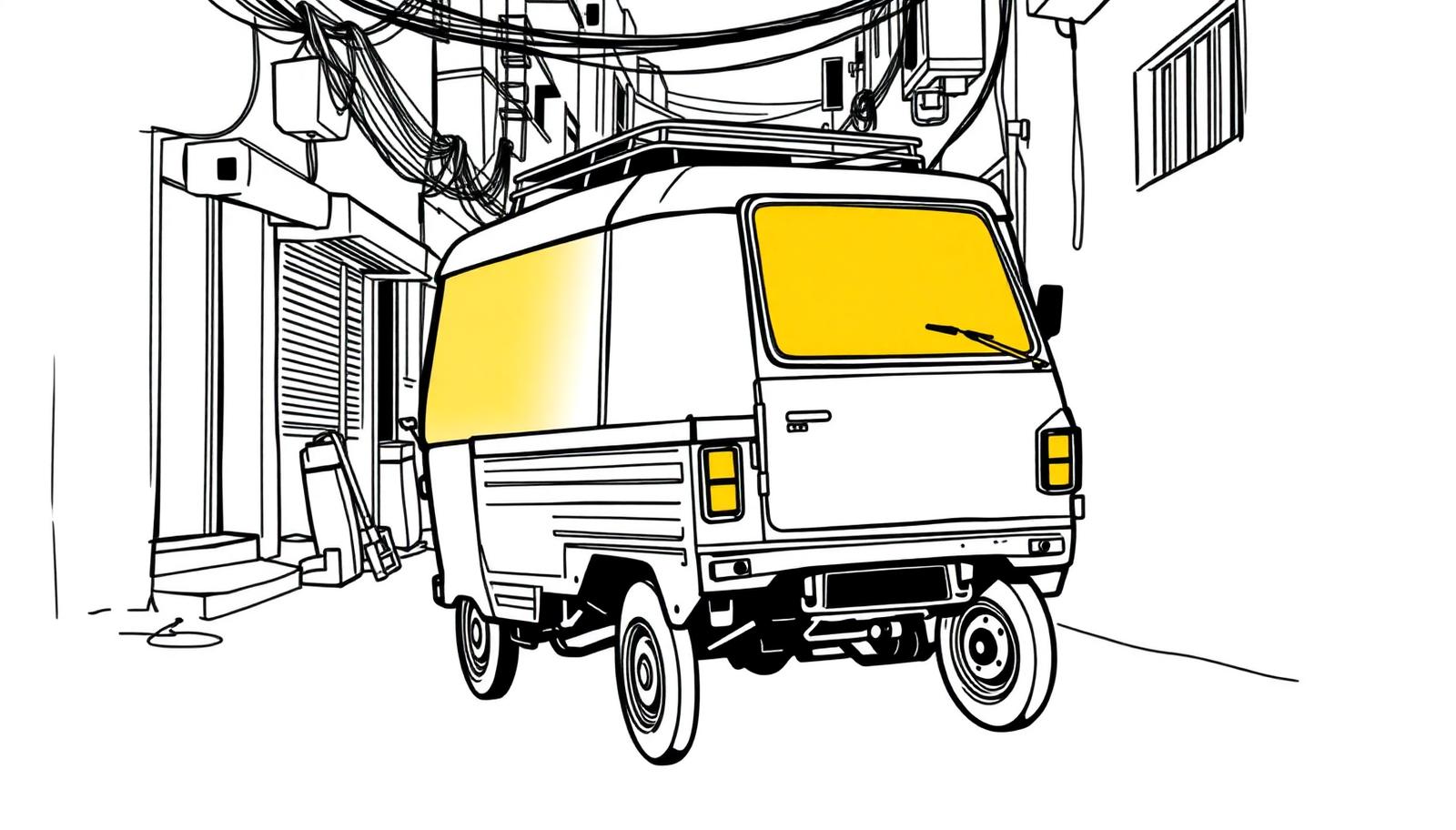 Illustration of a compact Tata Ace LED screen van in a narrow residential lane - Mobile LED Van in Delhi, India