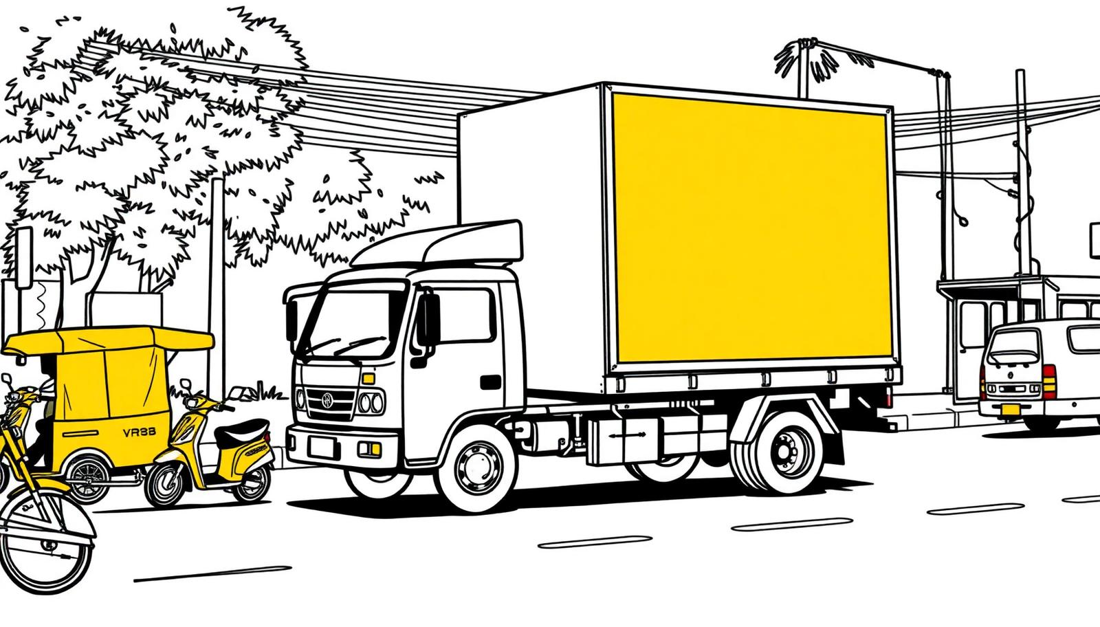 Illustration of a T-shape advertising van with billboard panels driving past auto-rickshaws