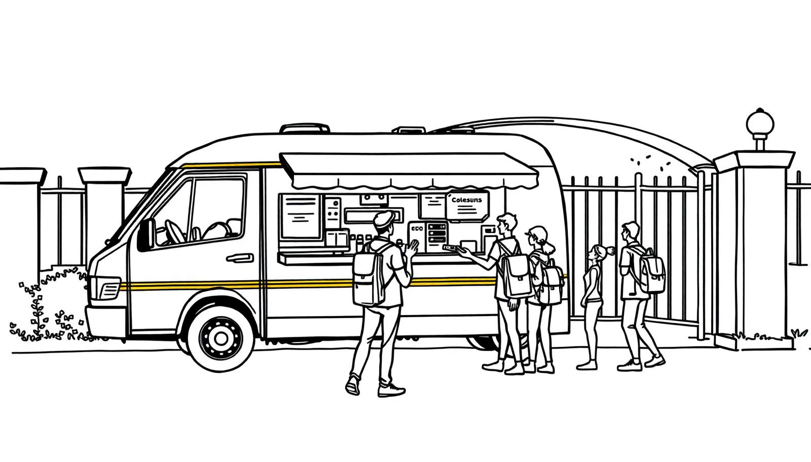 Illustration of a promotional van with a fold-out counter at a college gate - Promotional Van in Delhi, India
