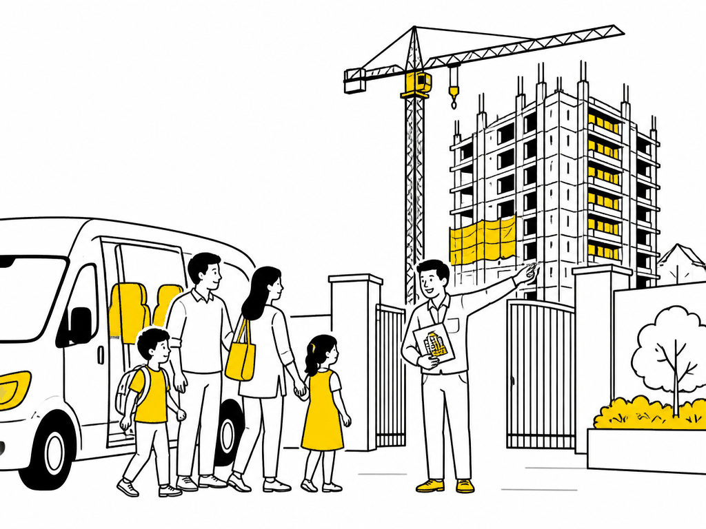 Illustration of a site-visit shuttle van dropping a family at a construction site