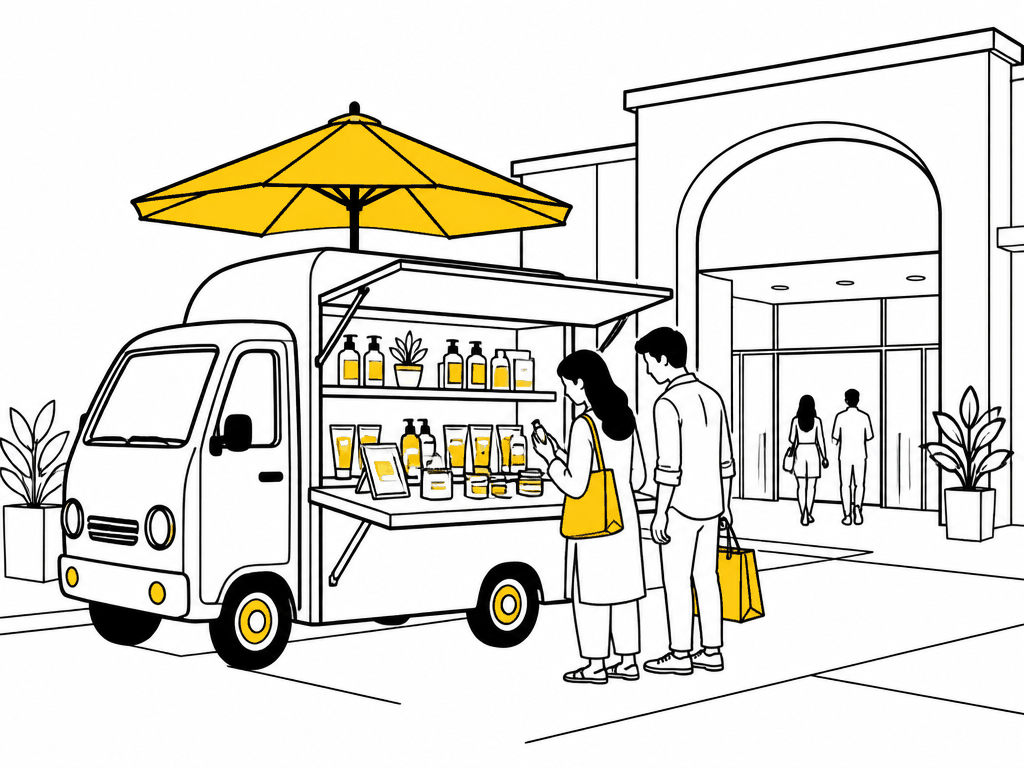 Illustration of a mobile retail kiosk van with a fold-out counter outside a mall