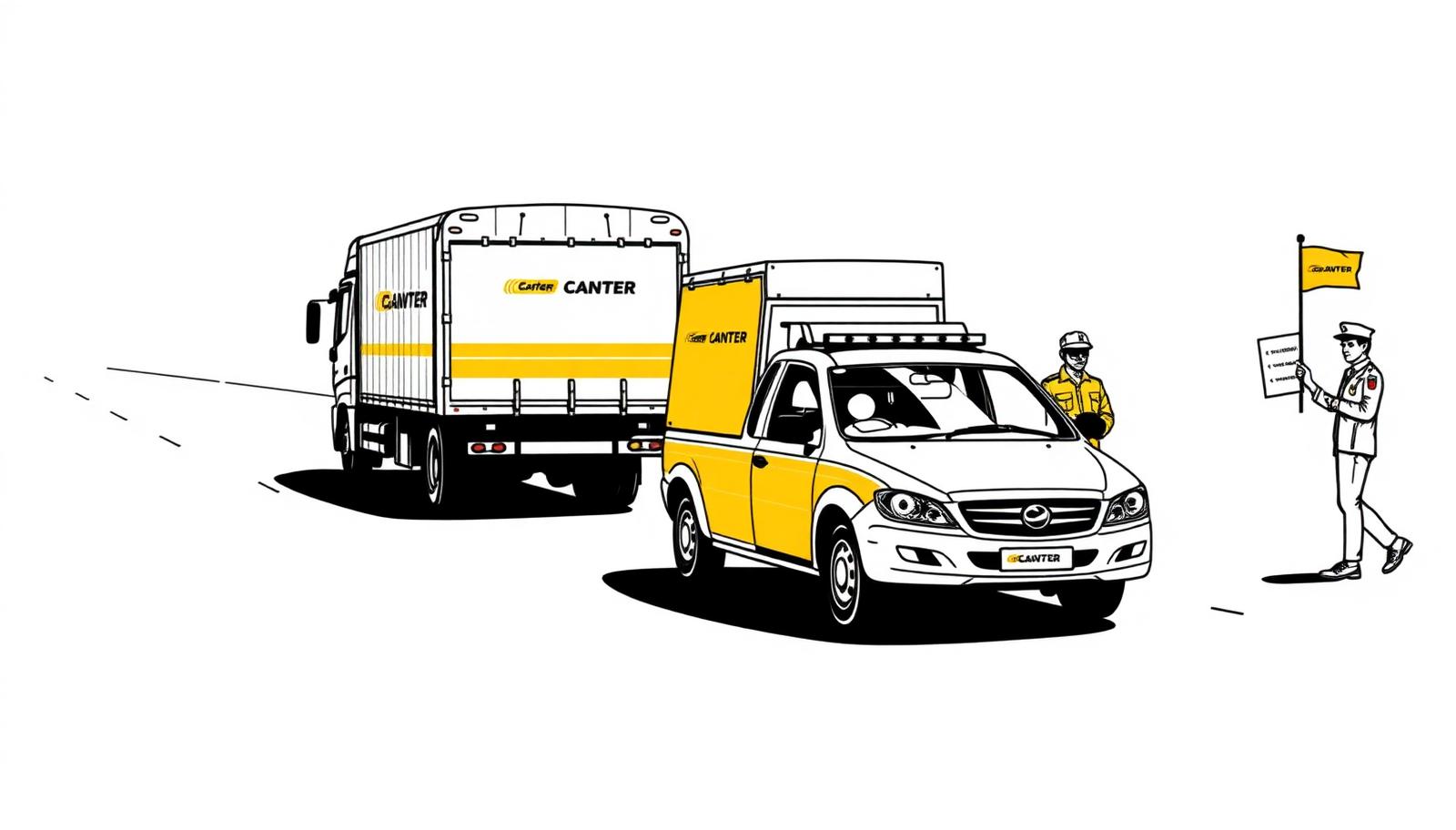 Illustration of a roadshow convoy of canters with an escort car and route marshal - Roadshow Services in Delhi, India