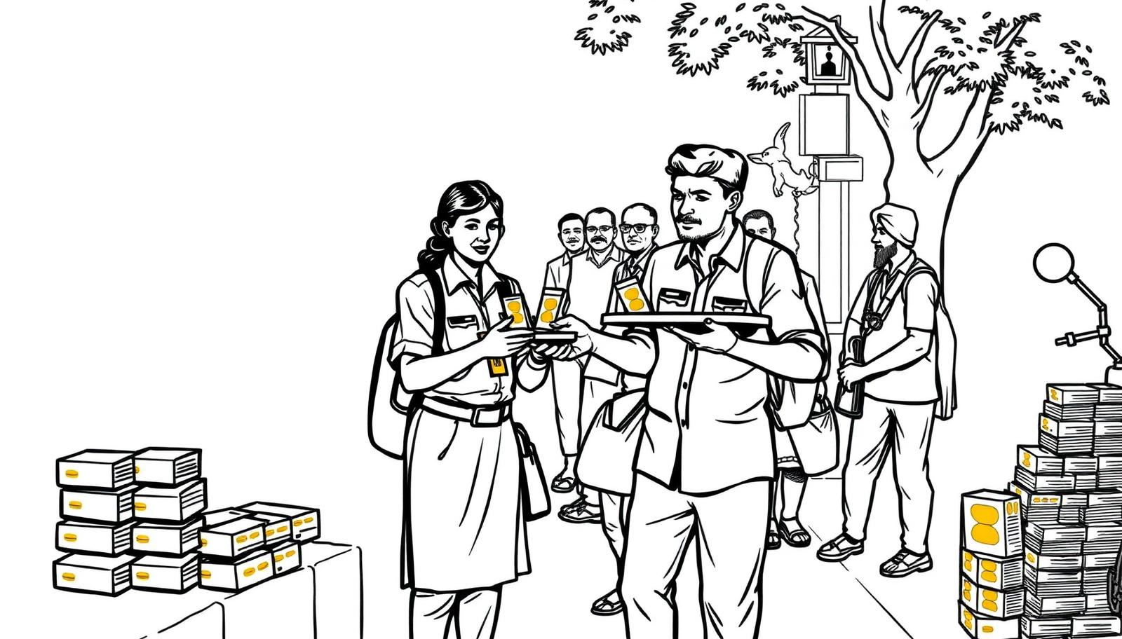 Illustration of a promoters handing sachets to passers-by on a busy Indian footpath - Sampling Activity in Delhi, India