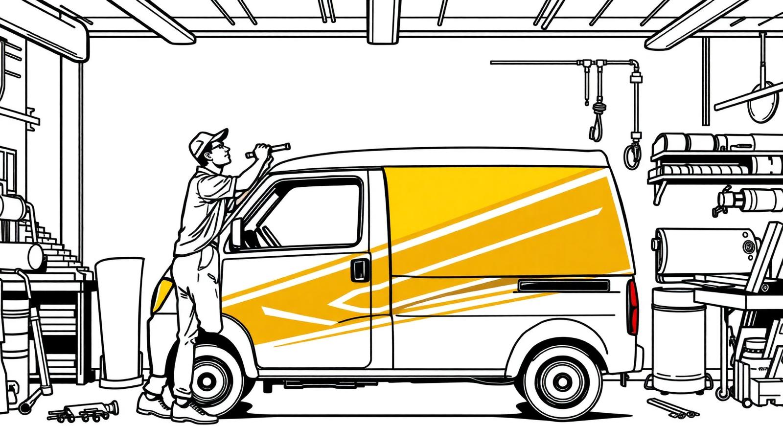 Illustration of a workers squeegeeing a vinyl wrap onto a Tata Ace in a signage workshop - Tata Ace Branding in Delhi, India
