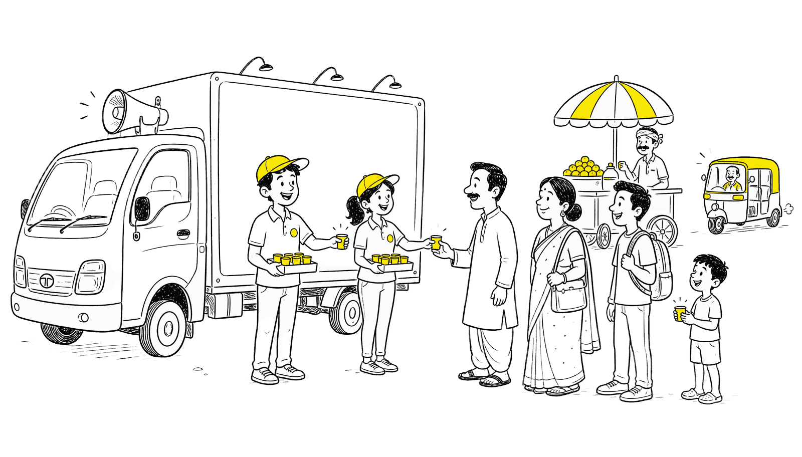 sampling van with a queue of shoppers on an Indian street
