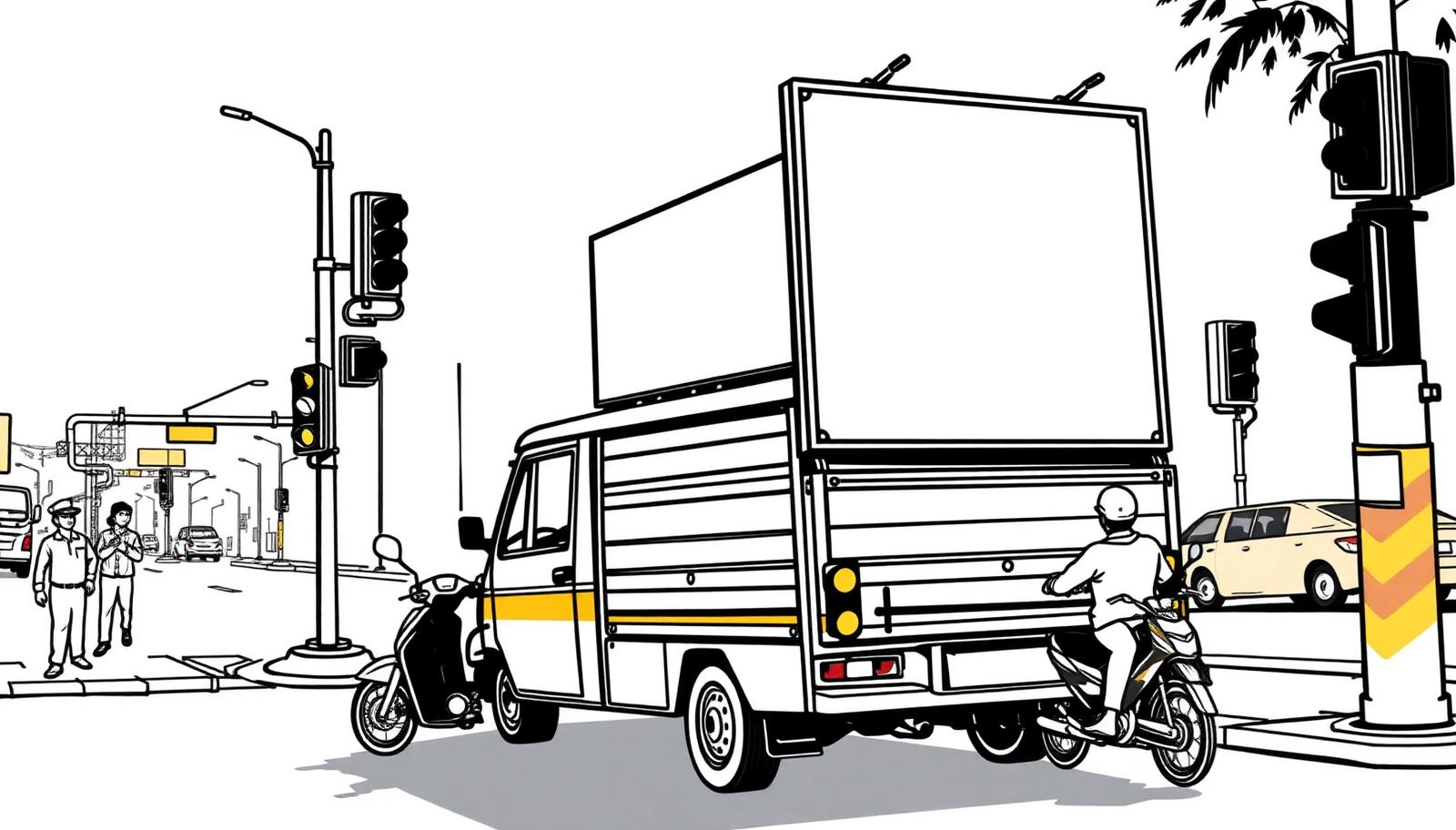 Illustration of a L-shape poster-panel van waiting at an Indian traffic signal - Van Advertising in Delhi, India