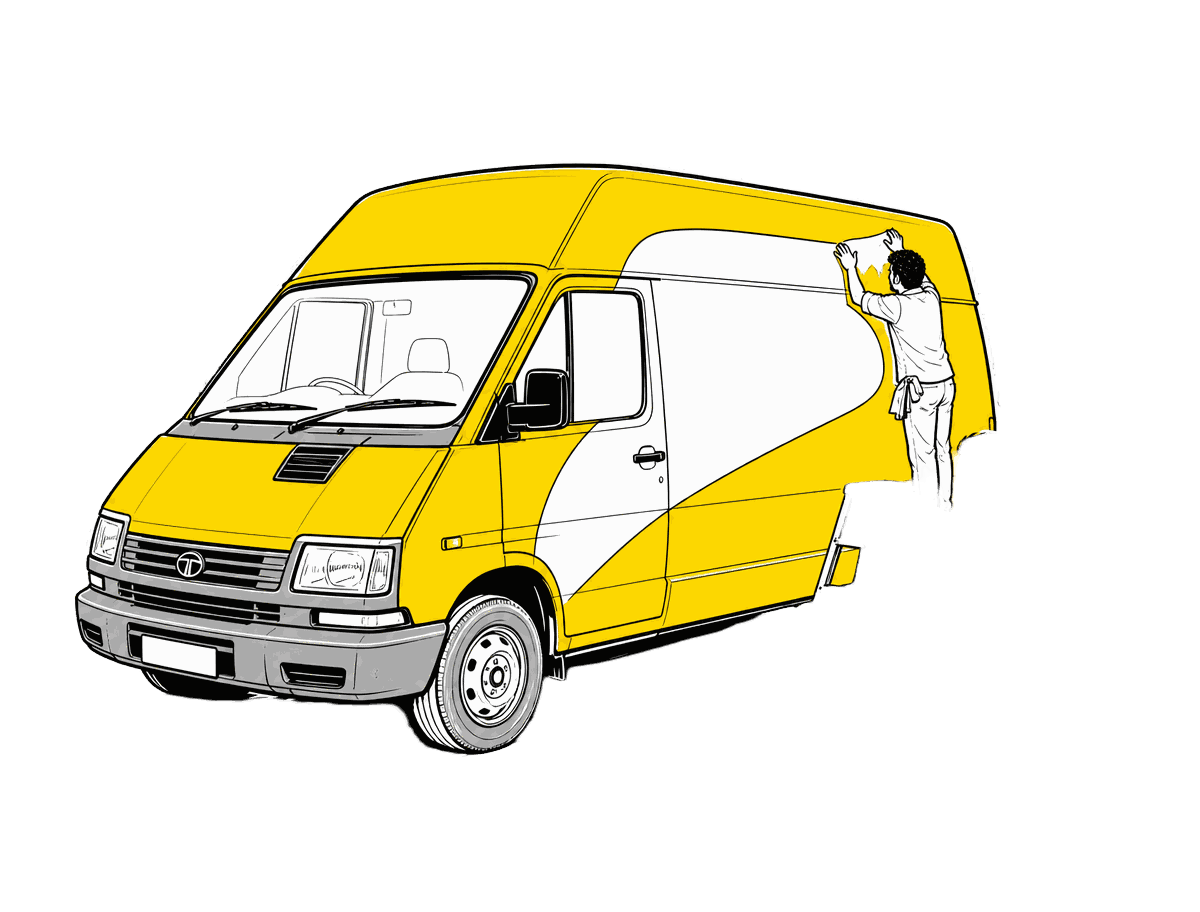 Illustration of a vinyl-wrapped branding van being finished by a signwriter - Van Branding in Delhi, India