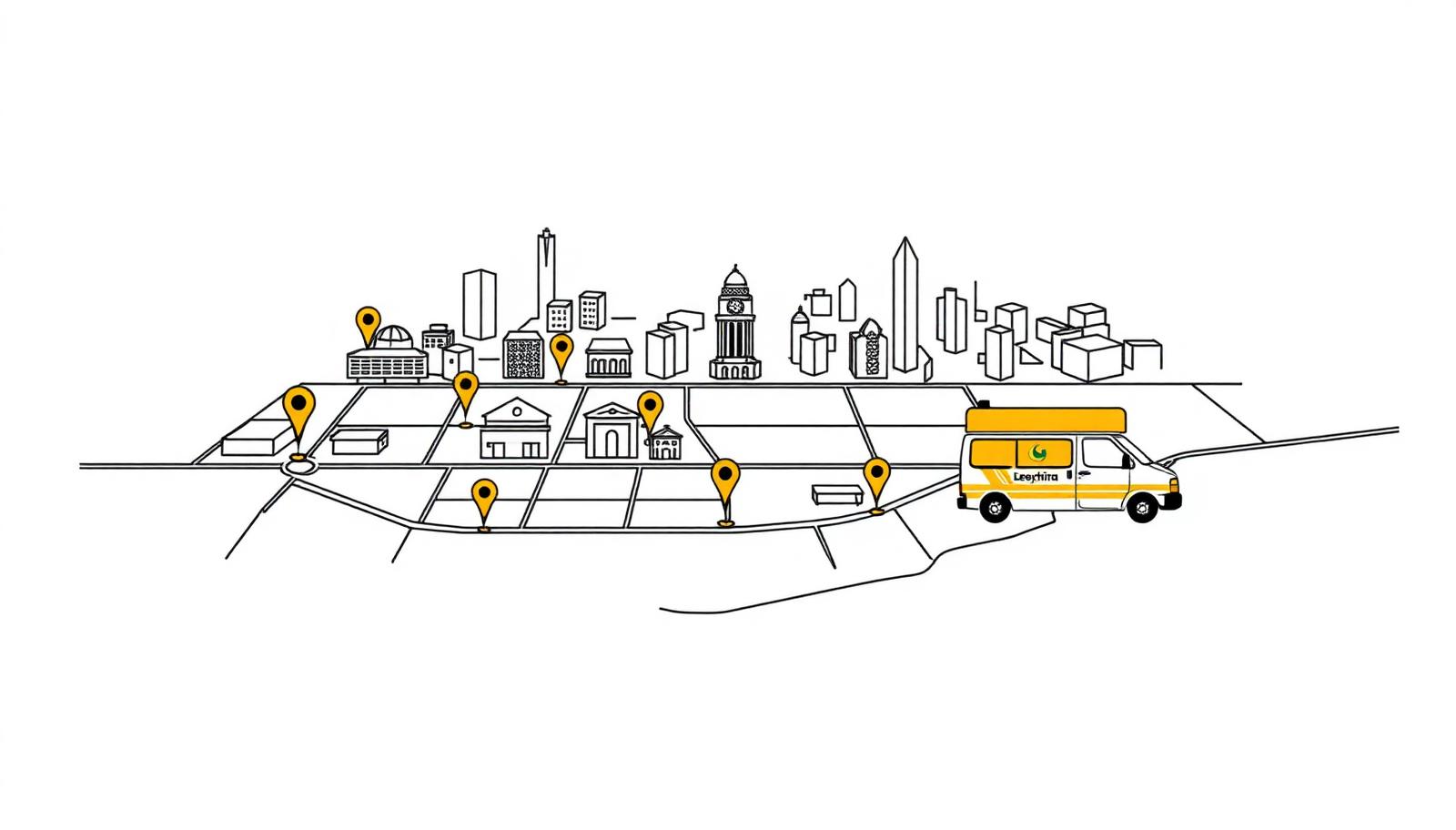 Illustration of a city route map with numbered stops and a branded van on the route - Van Campaign in Delhi, India
