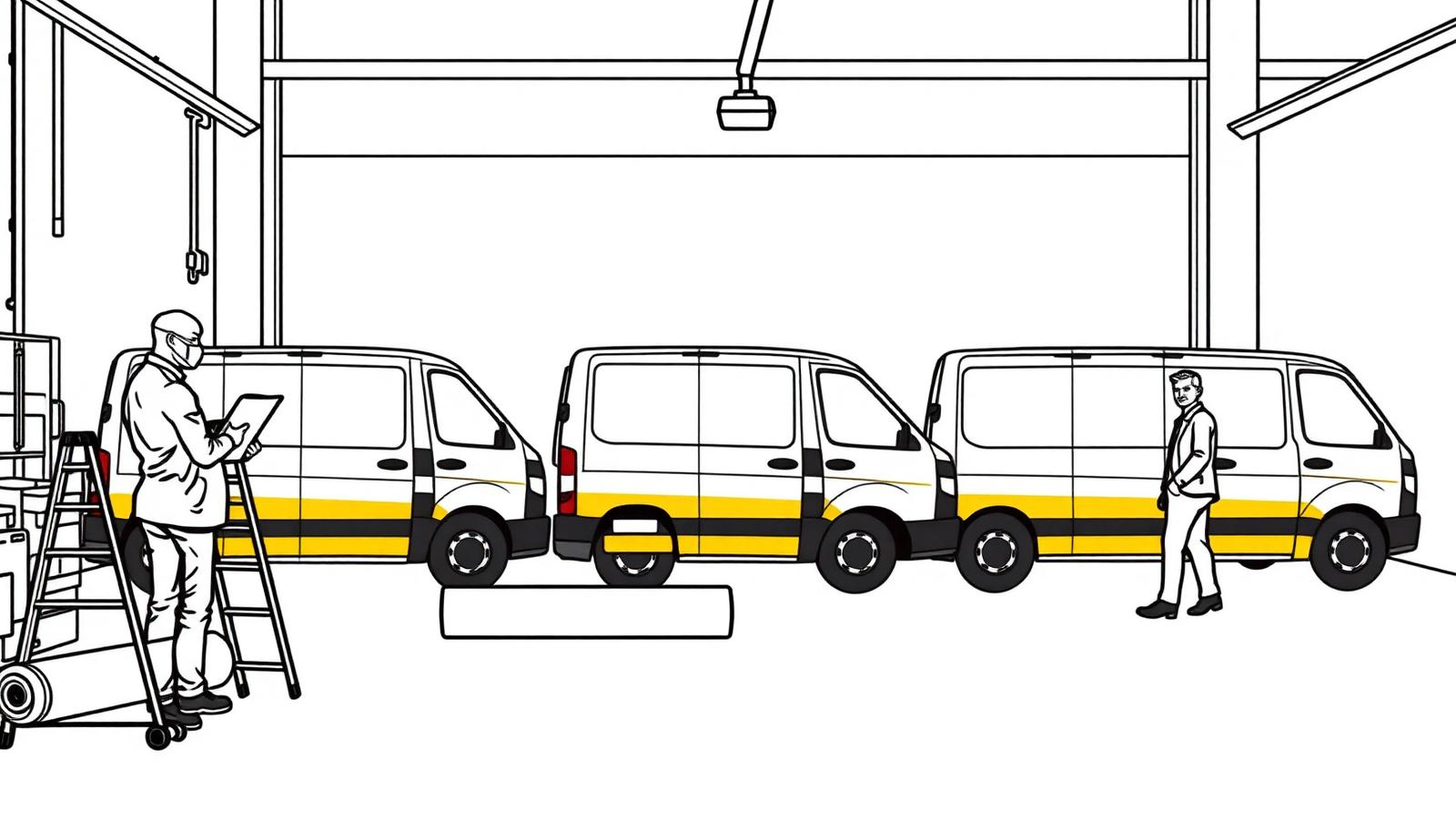 Illustration of a fleet of freshly wrapped branded vans lined up in a depot - Mobile Van Branding in Delhi, India