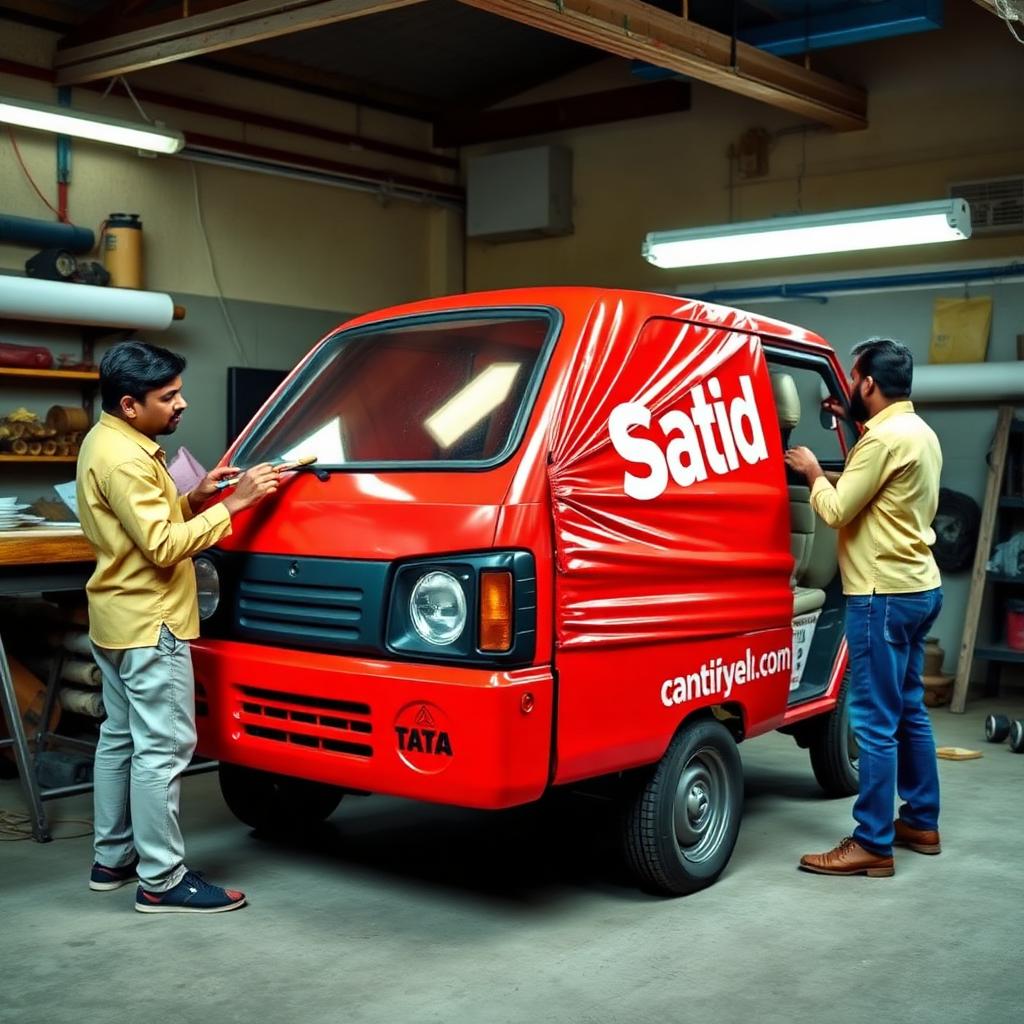 Crew installing vinyl wrap on a van in the Vehicle Branding workshop